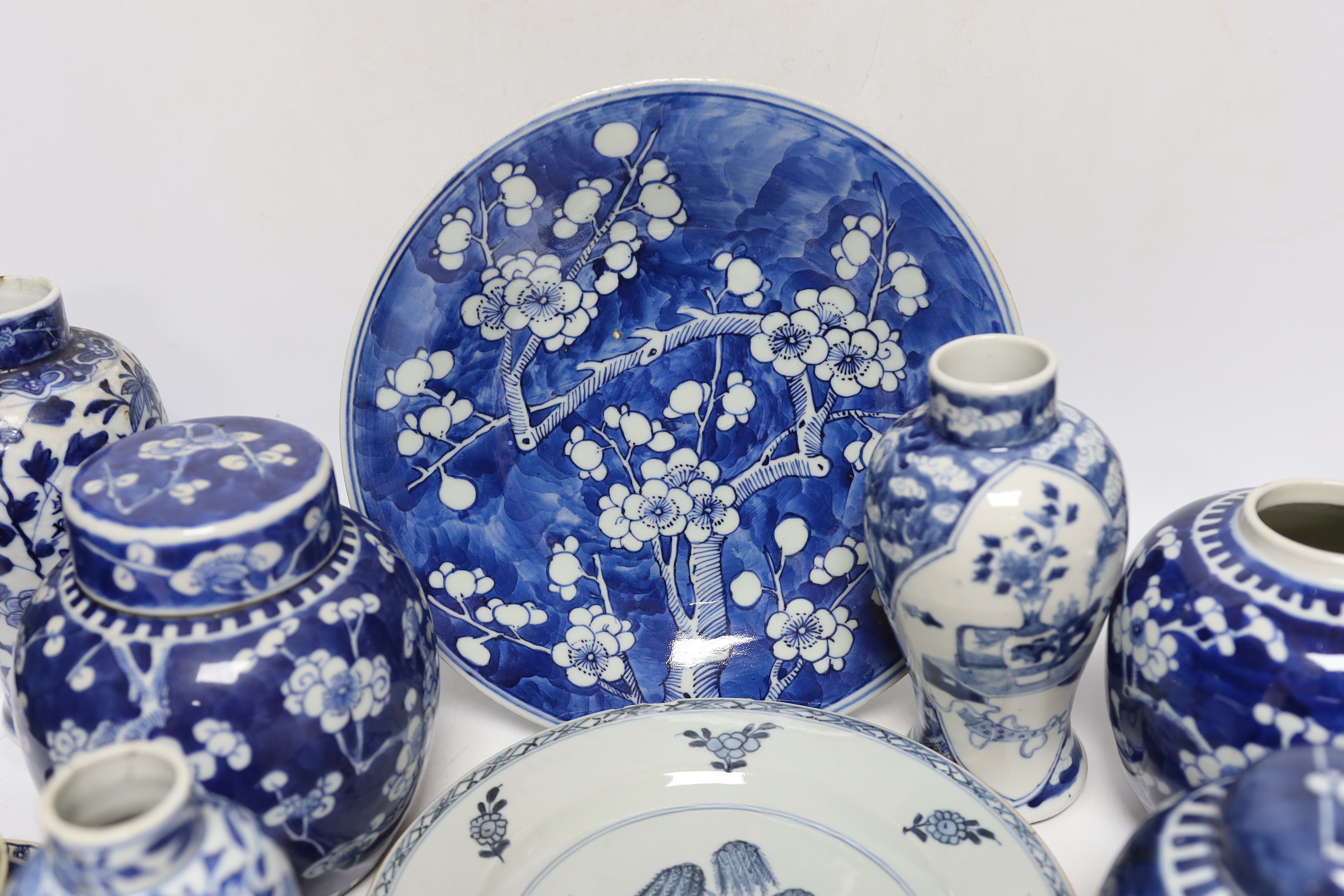 An 18th century Chinese export blue and white dish together with other various Chinese blue and white ceramics and a Worcester teabowl and saucer (13)